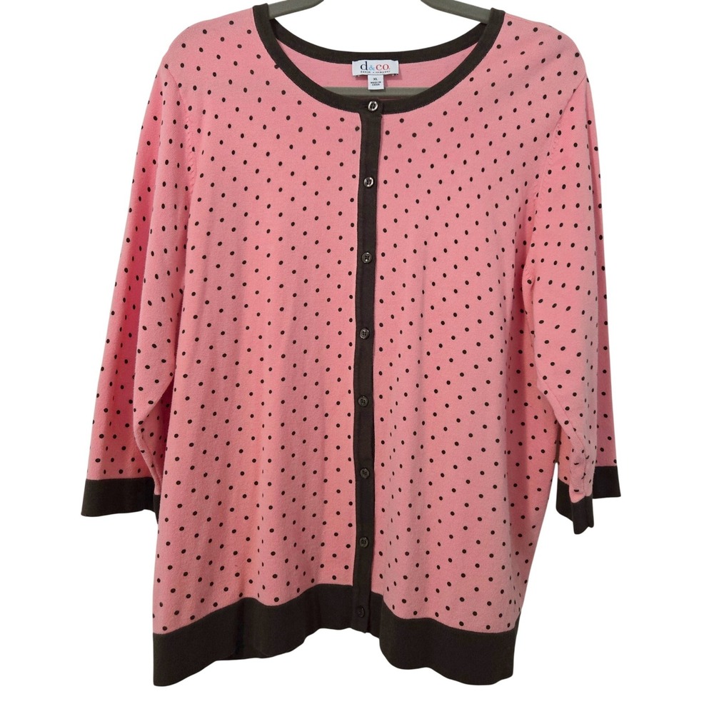 Denim & Co. Retro Chic Pink Brown Polka Dot Sweater XL 3/4‎ Sleeve Button Front
